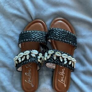 Stylish Black & Brown Sandals with Shell Accents NWT $20